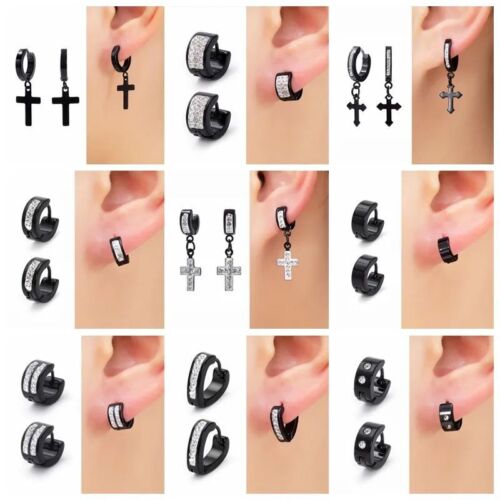Black Color Circle Cross Earrings Women Men Fashion Jewelry Charms Hoop Earring - Picture 1 of 29