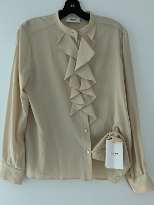 NWT $1300 CÉLINE Celine Ruffle Front Silk Blend Crepe Blouse - Sz 42
