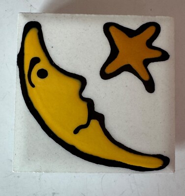 Vintage Handmade Artist White Ceramic Yellow Crescent Moon and Star Magnet