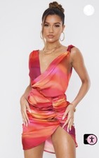 Pretty Little Thing Pink abstract print satin plunge wrap ruched bodycon dress 