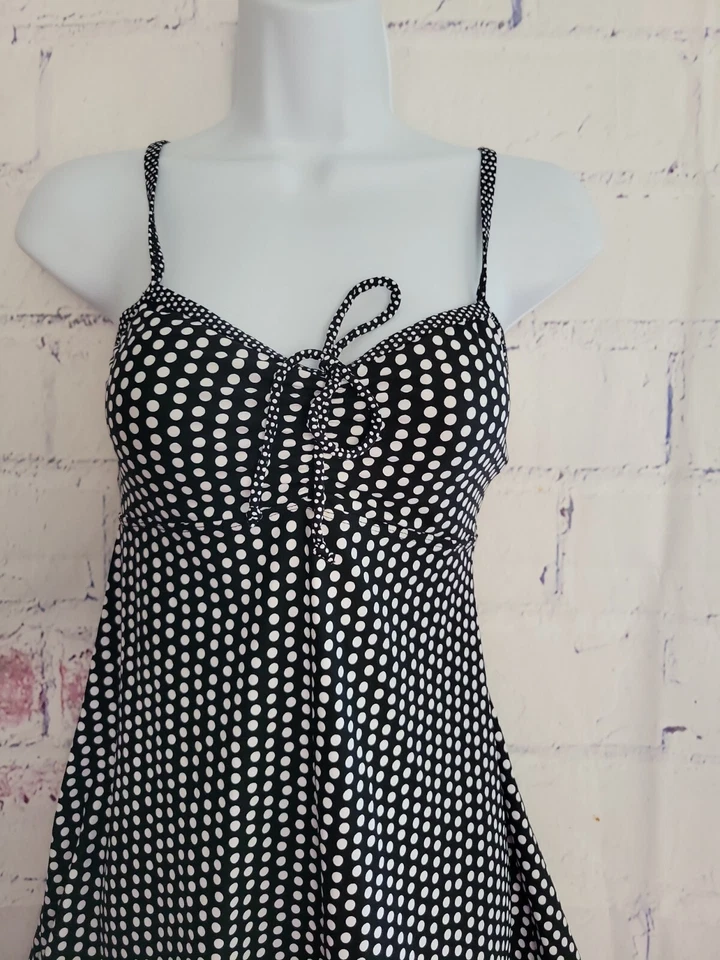 Beach House Swimsuit Dress Tankini Top size 8 Black & White Polka Dot Adj. Strap - Image 2 of 4