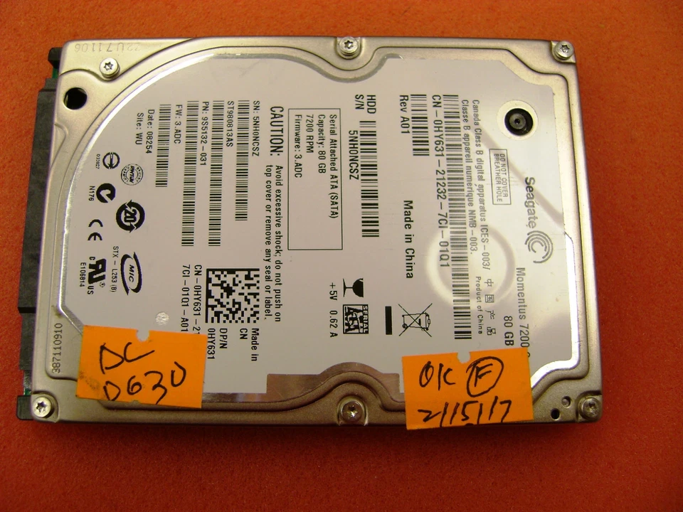 Dell Seagate 80GB ST980813AS 0HY631 HY631 2.5" 7200 RPM SATA Hard Drive - Image 2 of 4