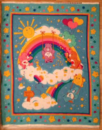 2003 CARE BEARS BLUE RAINBOW DOUBLE-SIDED PRE-QUILTED NURSERY FABRIC PANEL - Picture 1 of 6