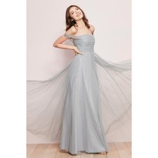Long Off Shoulder Tulle Bridesmaid Dress. French Blue. Size 12