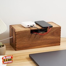 Acacia Wood Cable Management Box, Wooden Cord Hider  Organizer for Power