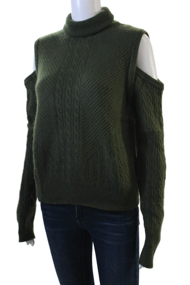 Suéter para mujer Intermix cuello alto hombro frío tejido con cable verde talla S Foto 2 de 4