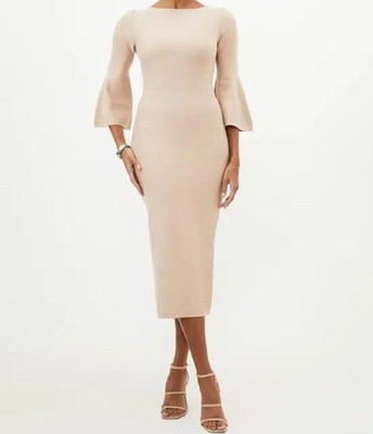 Karen Millen Compact Wool Look Knit Midi Dress With Fluted Sleeve NWT - Camel