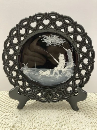 Vtg Westmoreland Reticulated Mary Gregory Black Plate Boy Fishing With Dog