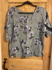 Elena Baldi Blue Linen Floral Blouse Sz M Flutter Sleeve Made In Italy