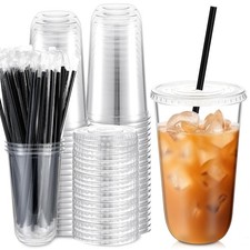 50 Set 18 oz Clear Plastic Cups with Lids and Straws, PET Disposable Iced Cof...