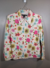 SILKLAND Blazer White Beaded Floral Print Zip Silk Womens Size Medium Vintage
