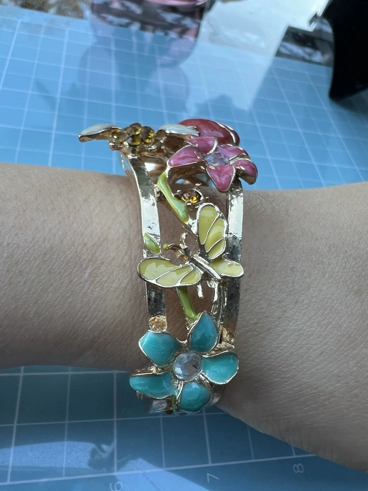 "Brazalete brazalete vintage Coldwater Creek dorado floral mariposa Beatle estrás 7""" Foto 4 de 4