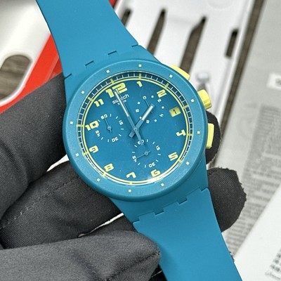 NEW  Swatch Chrono ACID DROP Blue Date Dial Sport Men's Silicone Watch SUSL400