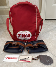1970s Vintage TWA (Trans World Airlines) Red Carry-On Travel & 2Toiletry Bag Tag