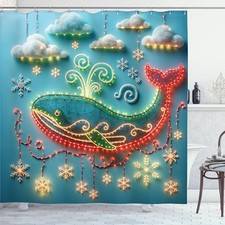 Christmas Shower Curtain, 69"W x 70"L Pack of 1 Cream Sea Blue and Vermilion