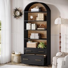 76.8" Tall Arched Bookcase, 5-Tier Modern Freestanding Bookshelf with Drawers