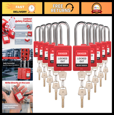 #ad 10 Red Safety Padlocks Set OSHA Compliant Lockout Tagout Locks with 2 Keys Eac $71.99