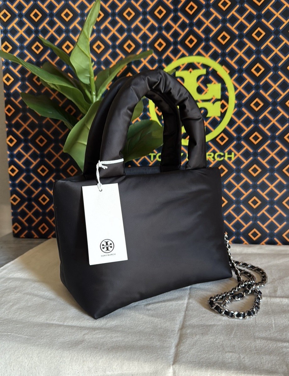 Tory Burch nwt Britten Nylon Puffy Tote Bag Black silver Converts