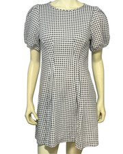 Loft Sz 4 Sheath Dress Short Puff Sleeves Gray Gingham Stretch Knit Career Chic