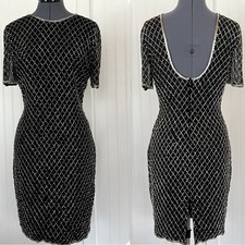 Vintage Black Silk Beaded Gown Dress Slinky Sexy Open Back Sparkly Sheer Sleeves