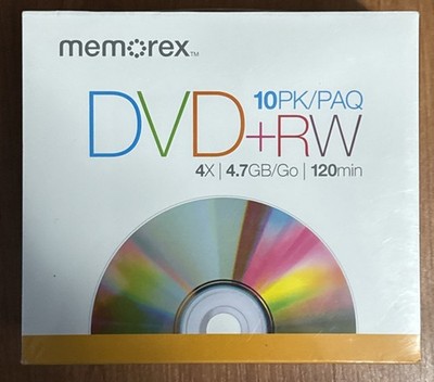 Memorex 10 Pack DVD+RW 4x 4.7GB 120 Minute Blank Discs w/ Slim Cases -New Sealed