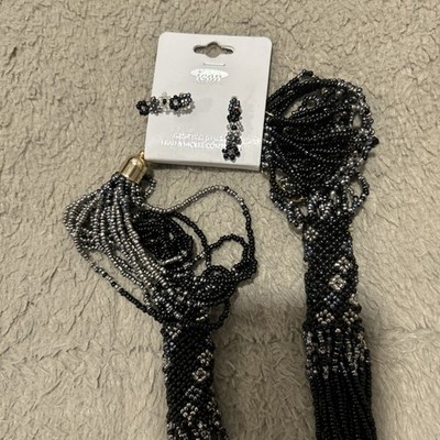 Vtg Signature 26 strands black-gunmetal gray seed beads necklace 