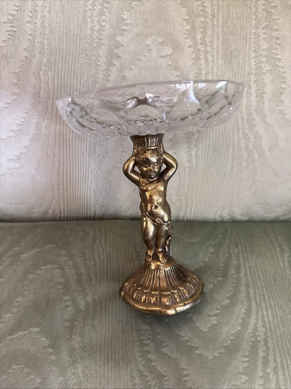 Vintage Crystal Glass And Brass Cherub Compote Holder Candy Bowl