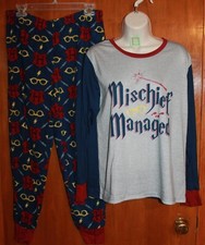 HARRY POTTER Ladies' Medium 2-PIECE PAJAMAS Mischief Managed; blue/gray 