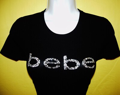 Bebe Rhinestone Logo BEBE WOMEN'S CRYSTAL & RHINESTONE LOGO BLACK SHORT SLEEVE TOP STRETCHY ...