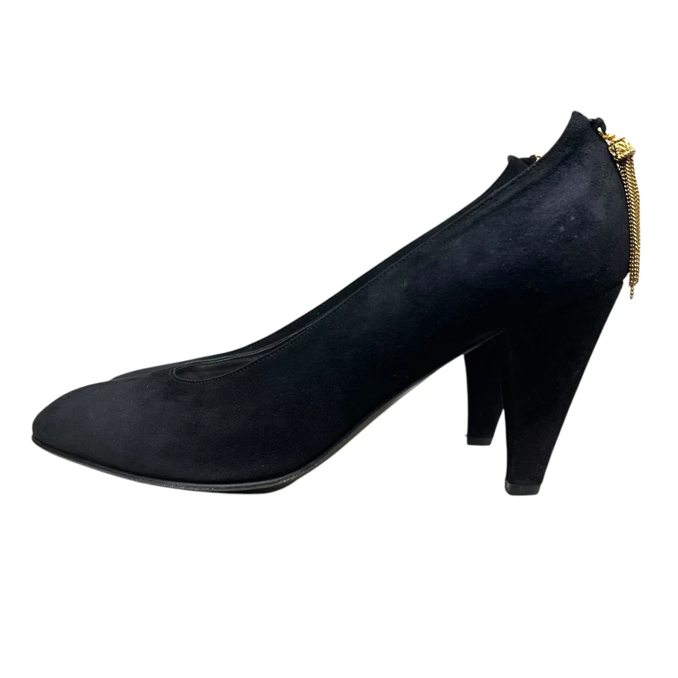 Pollini 女式高跟鞋麂皮绒金色流苏尖头黑色 36.5 意大利制造 — 第 3/4 张图片