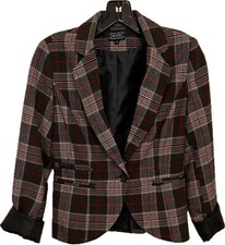Ladies Tartan Plaid Blazer Size S Brown Tan Red Single Button Casual Or Dressy