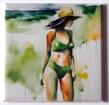 Woman at the Beach in Green Bikini FRIDGE MAGNET "style B"