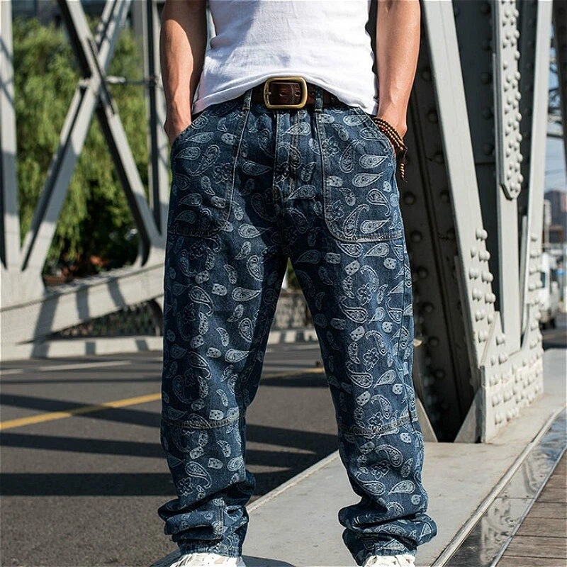 Men Baggy Jeans Retro Paisley Denim Pants Hip Hop Casual Straight