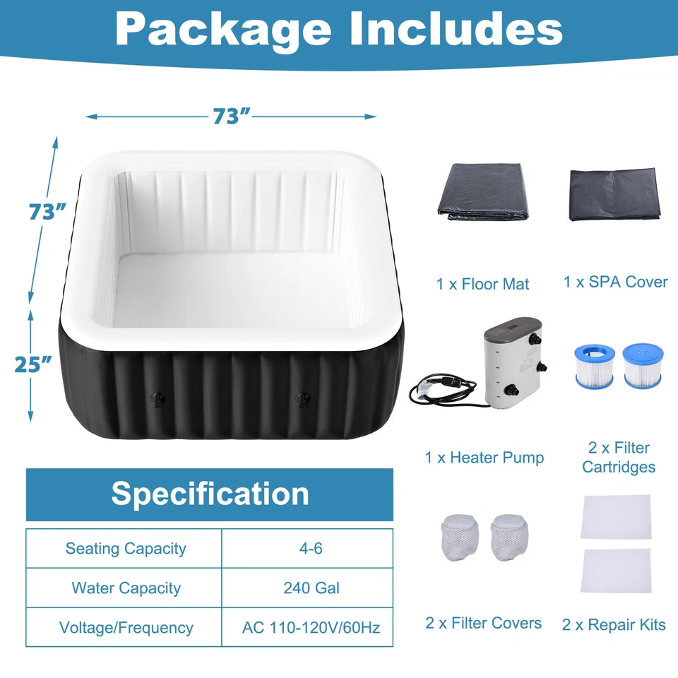 Bañera de hidromasaje inflable NAIZEA 6 personas 130Air Jet grande con bañera de hidromasaje, 73"x73"x25" Foto 2 de 4