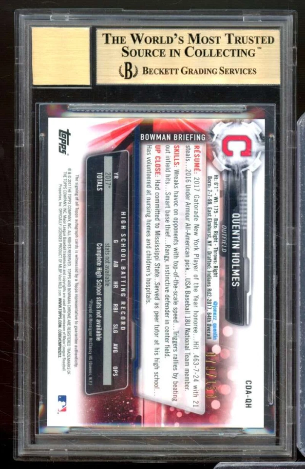 Quentin Holmes Rookie 2017 Bowman Chrome Auto Blue Wave Refractor #CDAQH BGS 9.5 - Image 2 of 2