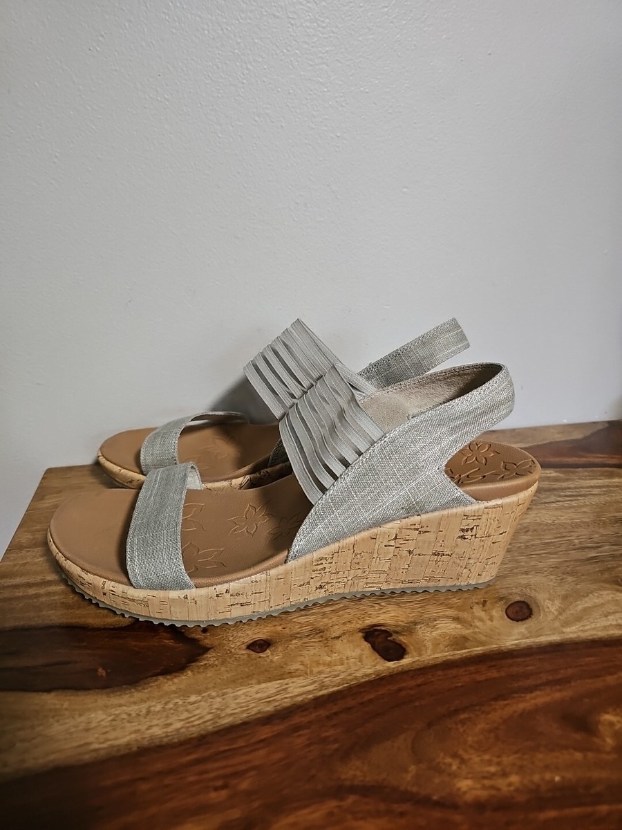 Skechers Brie Luxe Foam Womens 11 Glittery Taupe Slingback Platform Wedge  Sandal