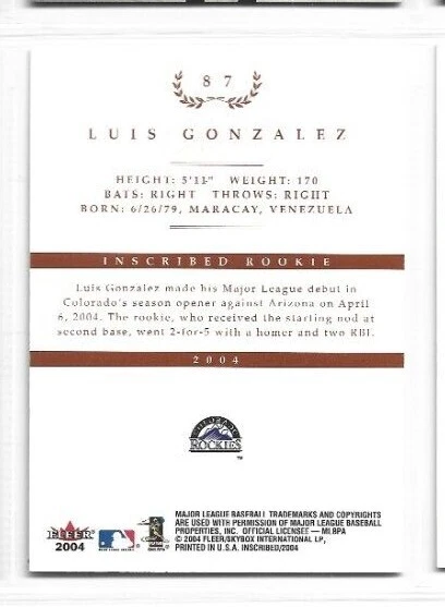 Luis Gonzalez 2004 Fleer inScribed #87 - #725/750 - Colorado Rockies  - Image 2 of 2