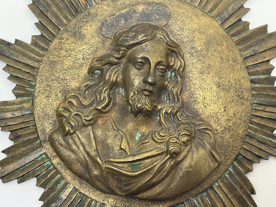 Small French 19th Century Brass Religious Jesus Sunburst Wall Hanging - Image 3 of 4