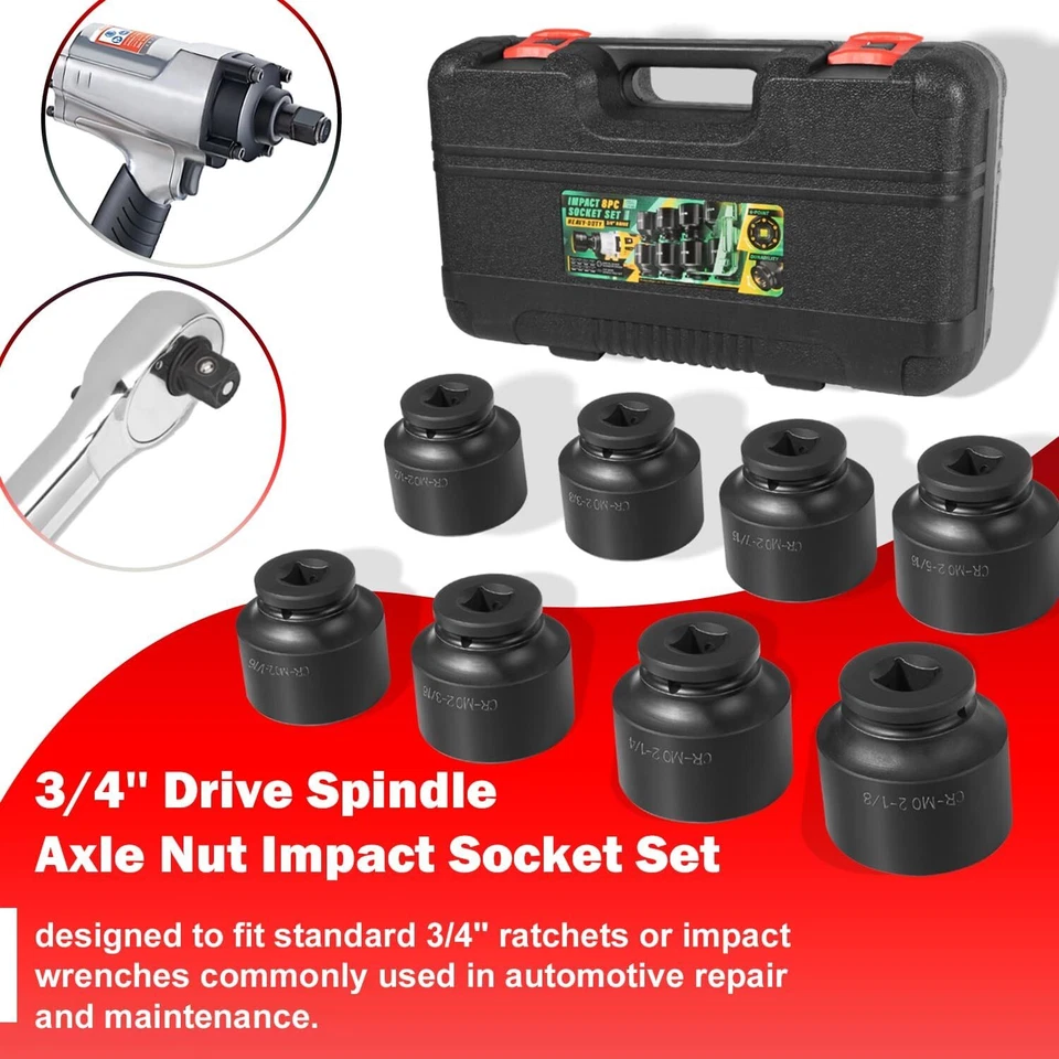 3/4" Drive Spindle Axle Nut Impact Large Socket Set, 2-1/16" to 2-1/2", 8PCS/set - Image 2 of 4
