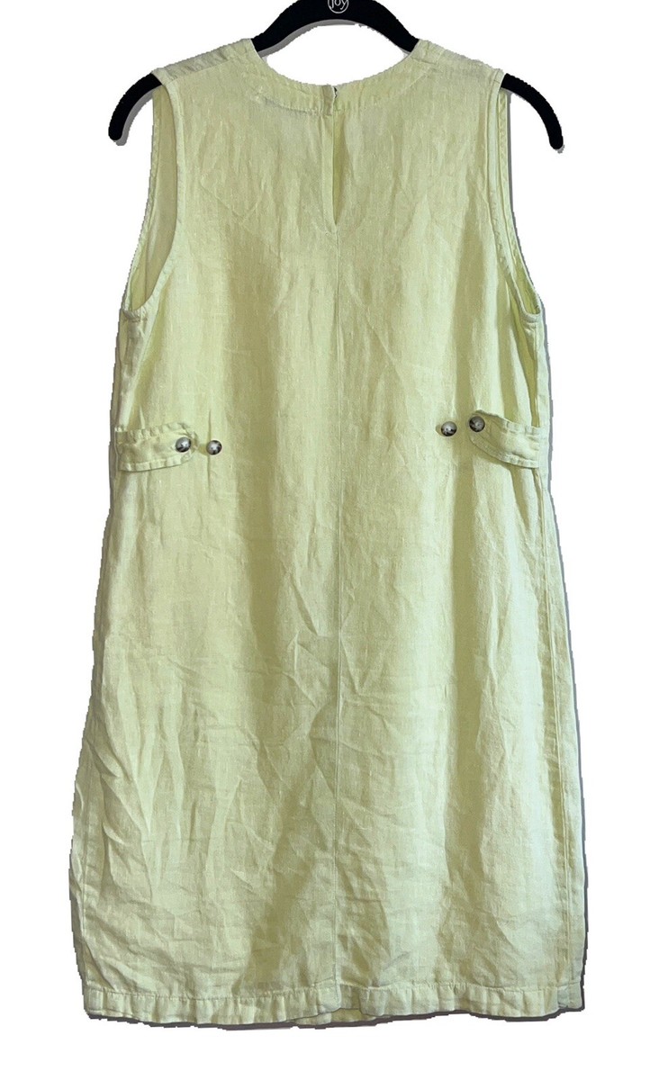 Cut Loose Sz M Linen Shift Dress Button Cinch Waist Yellow Green Sleeveless  USA