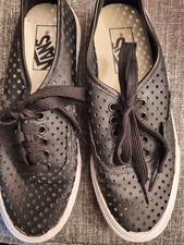 Vans Black Perforated Leather Sneakers Mens 5.5 Womens 7 Front Tie PRISTINE!