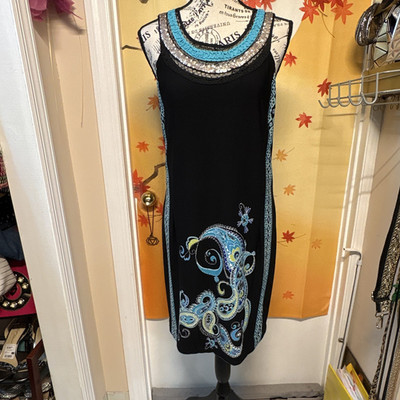 Studio One Black/Blue Paisley Sequin Trim Scoop Neck Shift Dress 10