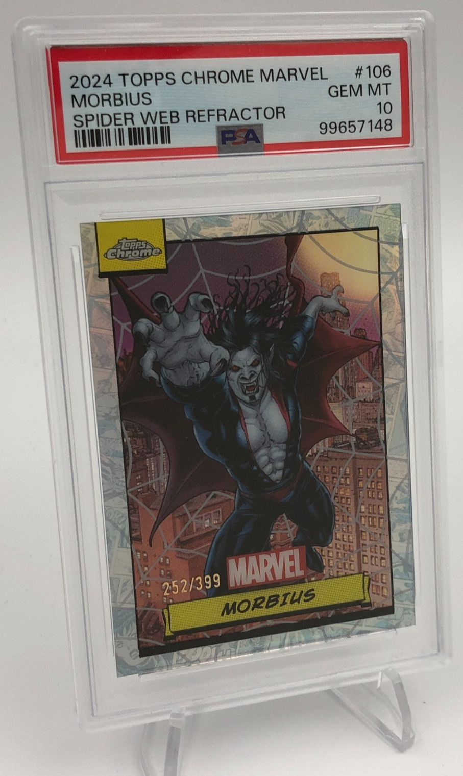 2025 TOPPS CHROME MARVEL Card MORBIUS #106 SPIDERWEB REFRACTOR/399 PSA GEM MT 10