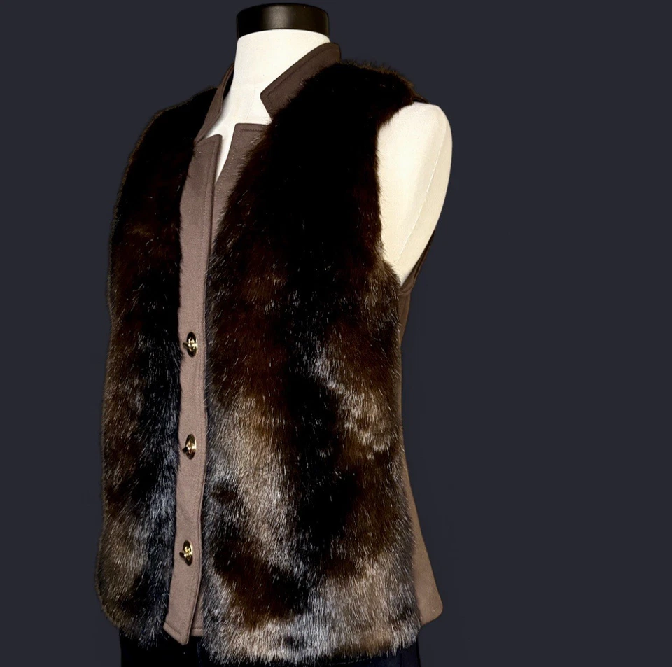 Chaleco Ellen Tracy Marrón Negro Imitación Piel Talla XS Dorado Herrajes Ajustado Y2K Elegante Foto 2 de 4