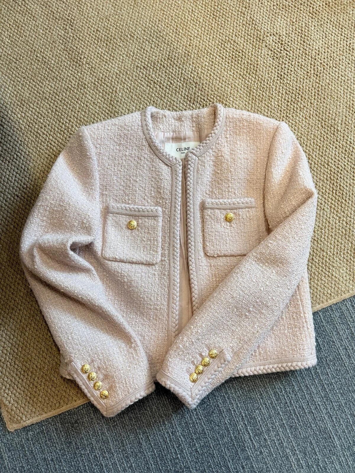 Celine — Pre-owned CELINE Tweed Jacket Blush Pink-Size 34