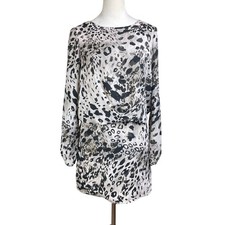 Vince Camuto XS Leopard Print Blouson Mini Long Sleeve Boat Neckline Lined Dress