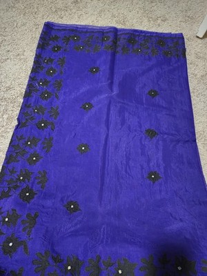 Royal Blue Hand  Applique Embroidered Silk Saree 5yd Vintage, Pure, Craft Fabric