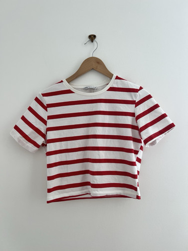 Zara Red Striped Boxy Crop Tee Shirt Summer Cotton Blend Size Large