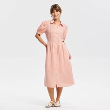 Women's Puff Short Sleeve Eyelet Midi Shirtdress - Universal Thread Pink M