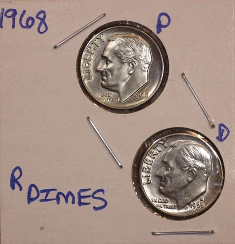 1968 P&D Roosevelt Dimes Ch BU US Coins (2)